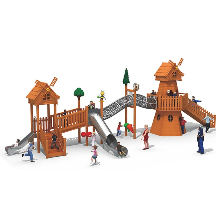 Cheap customised children large wood outdoor playgrounds play house set for kids wooden supplier