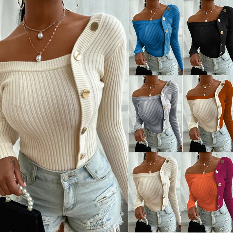 Knitted Pullover  2020 Autumn/winter new style fashion stitching button threaded top women Sweater