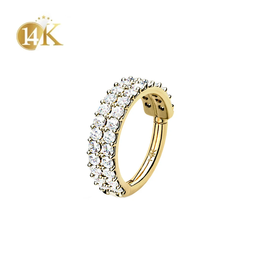 Calendo Fine Jewelry  14k Solid Yellow Gold Hinged Segment Clicker 2 Row Crystal CZ Paved Septum Ring Piercing Earring Jewelry