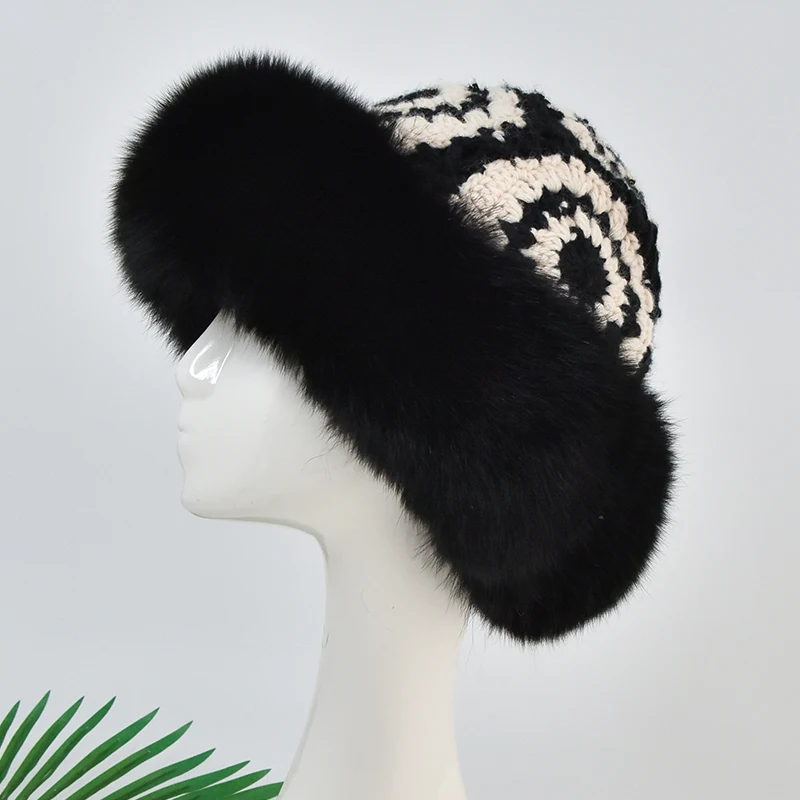 Winter Fur Brim Cap Warm Knitted Hat for Women Girls Weaved Pattern Real Fox Fur Brim Beanie Caps Fox Fur Trim Hat