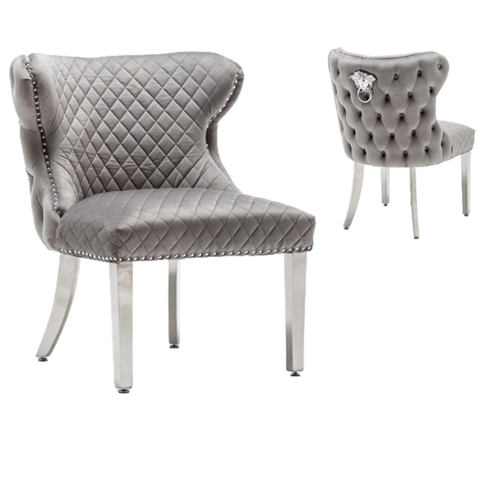 Luxury fabric tufted back stainless steel metal dining chair with back knocker