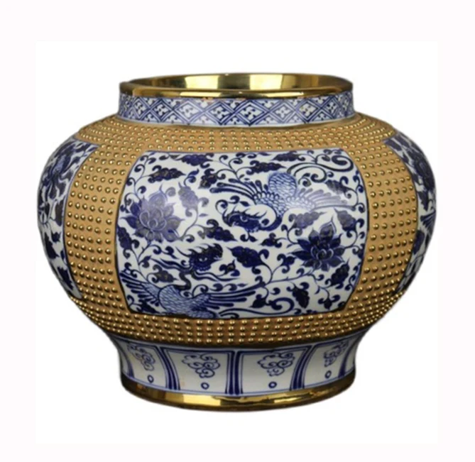 Antique Ming Dynasty Relief Blue and White Phoenix Pattern with Gold Painted Vase Ceramic collection handicraft vase jar