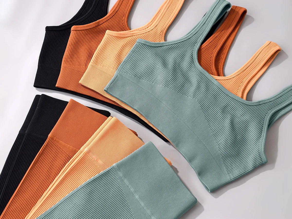 Women Fitness Ribble Yoga Seamless and Sports Bra 2 Pieces Biker Fitness Shorts Gym Ribbed Workout Set