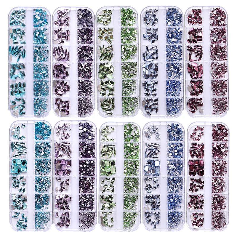 12Gird/Box Multi Size AB Colorful Rhinestones Flatback Crystal Diamond Gems 3D Glitter Nail Art Luxurious Nail Decorations
