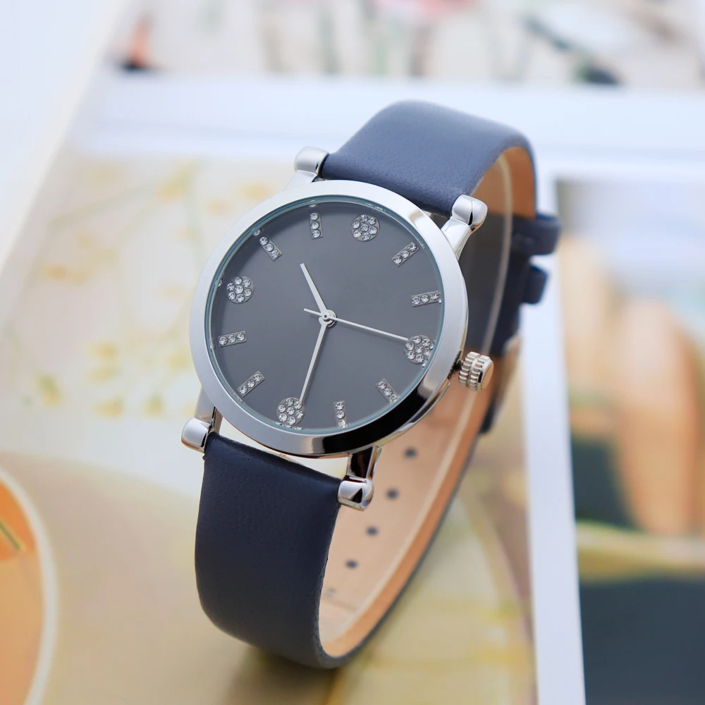 Factory customized Silver gray leather band alloy case waterproof quartz movement cheap lady watches