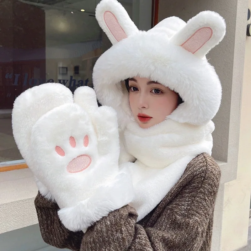 Wholesale Cute Children Kids Fluffy Plush White Rabbit Animal Winter Acrylic Knitted Hats And Scarves Sets