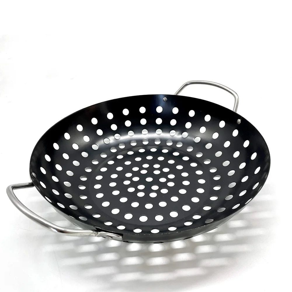 Heavy Duty Round Grill Wok with Handle Vegetable BBQ Grilling Basket Cooking Pan Charcoal