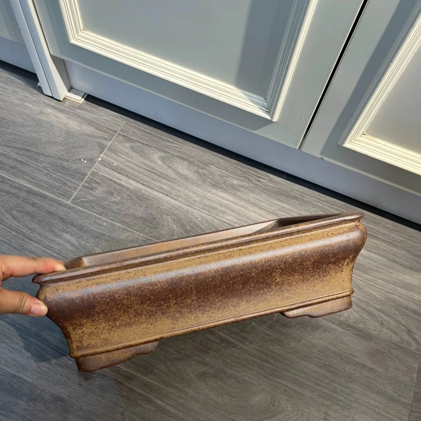Handmade Yixing gold sand rectangle shape bonsai pot with line design and surface polishing