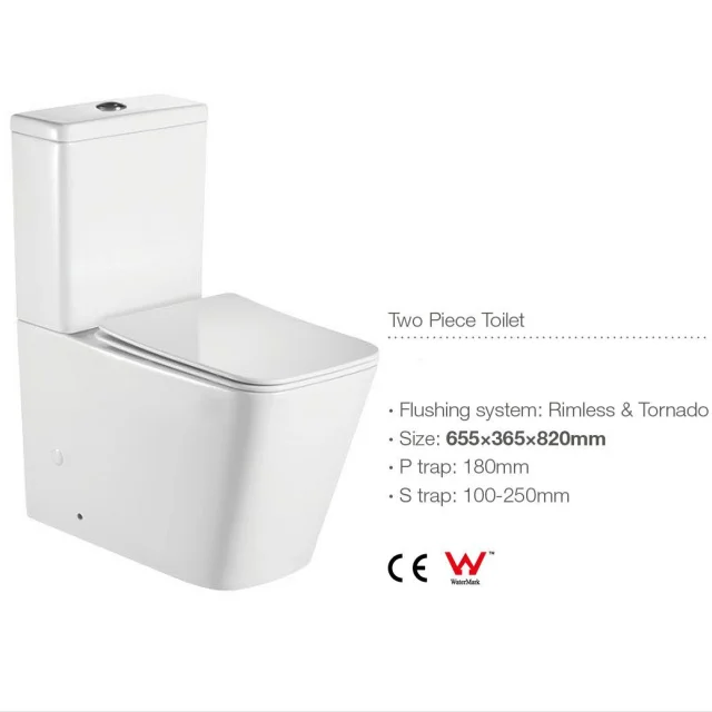 Australian ceramic two-piece floor mounting P trap tornado wc bathroom watermark rimless toilets