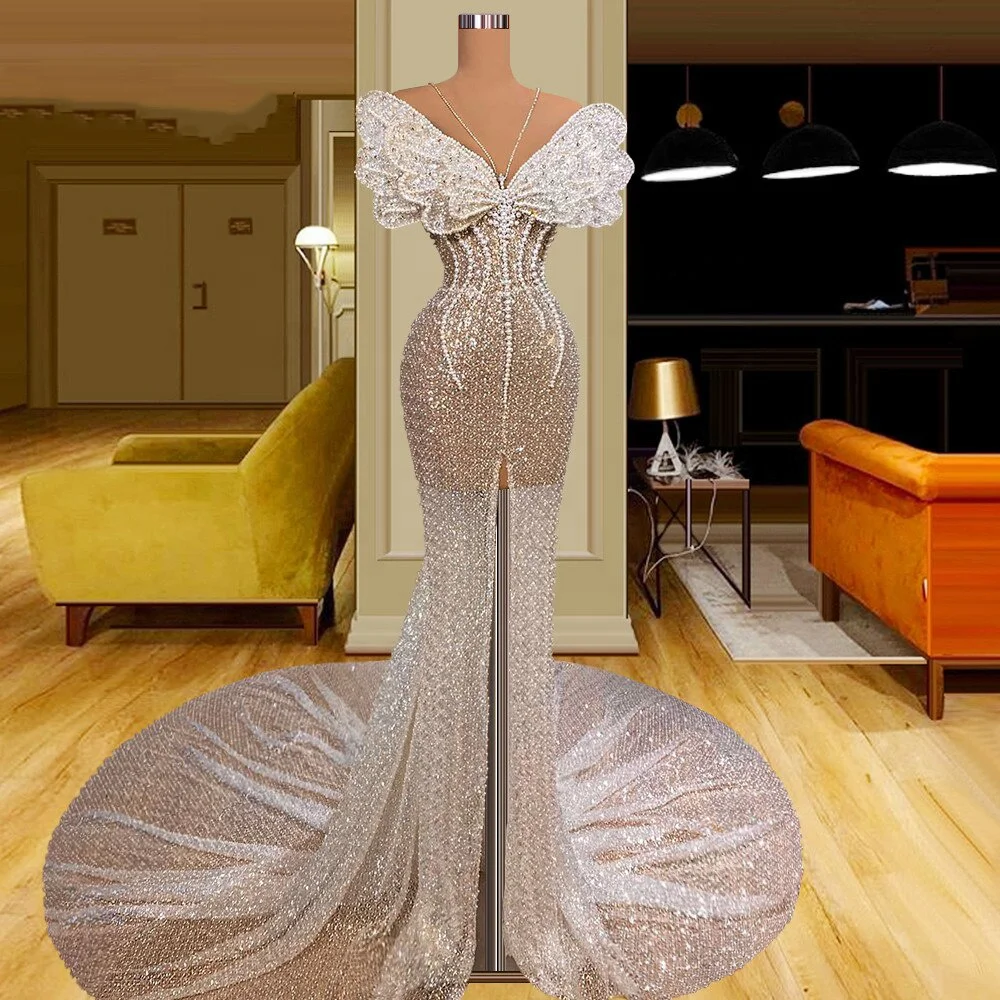 Lowime Luxury Arabic Party Dress Dubai Design Evening Dresses Long Sleeves Plus Size Customize Mermaid Beaded Pearls Prom Gowns