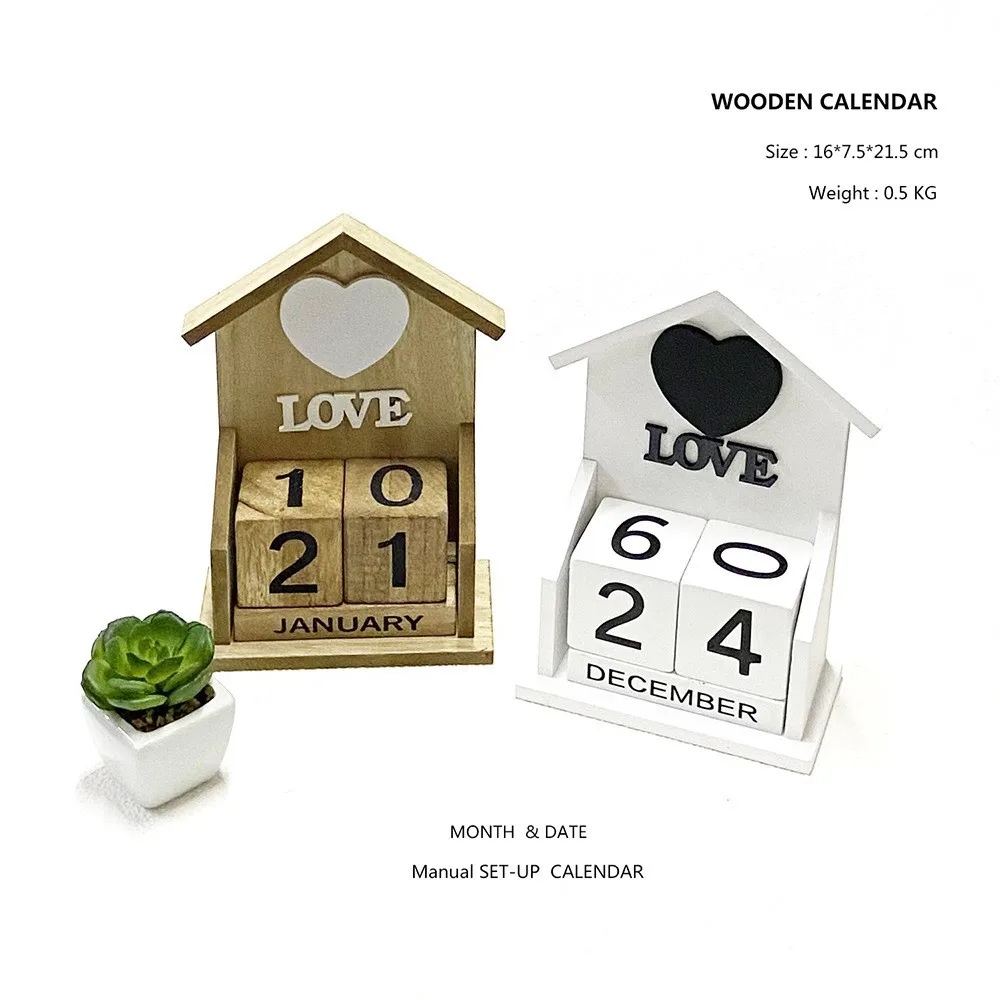 Wooden House Calendar with Block Perpetual Table Calendar Wooden Desk Blocks Calendar Perpetual Block Month Date Display