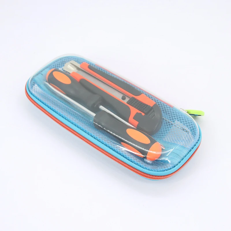 Hard Shell Clear Transparent Blue Mesh Pocket Pencil Case Outdoor Travel Bag