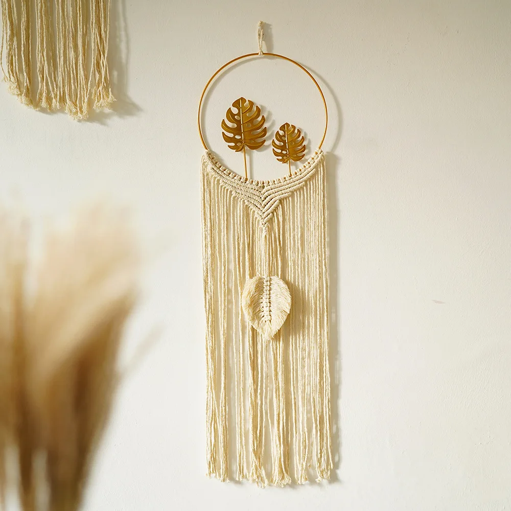 Bohemia Cotton Handmade Decor Hanging Tapestry Metal Shapes Metallic Macrame Dream Catcher Leaf