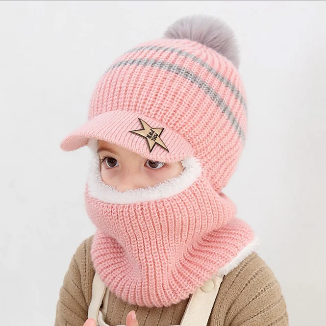 Children Knitted Hooded Scarf Warm Winter Hat Thick Beanie Knit Letter Pom Earflap Hat Cap Scarves For Child