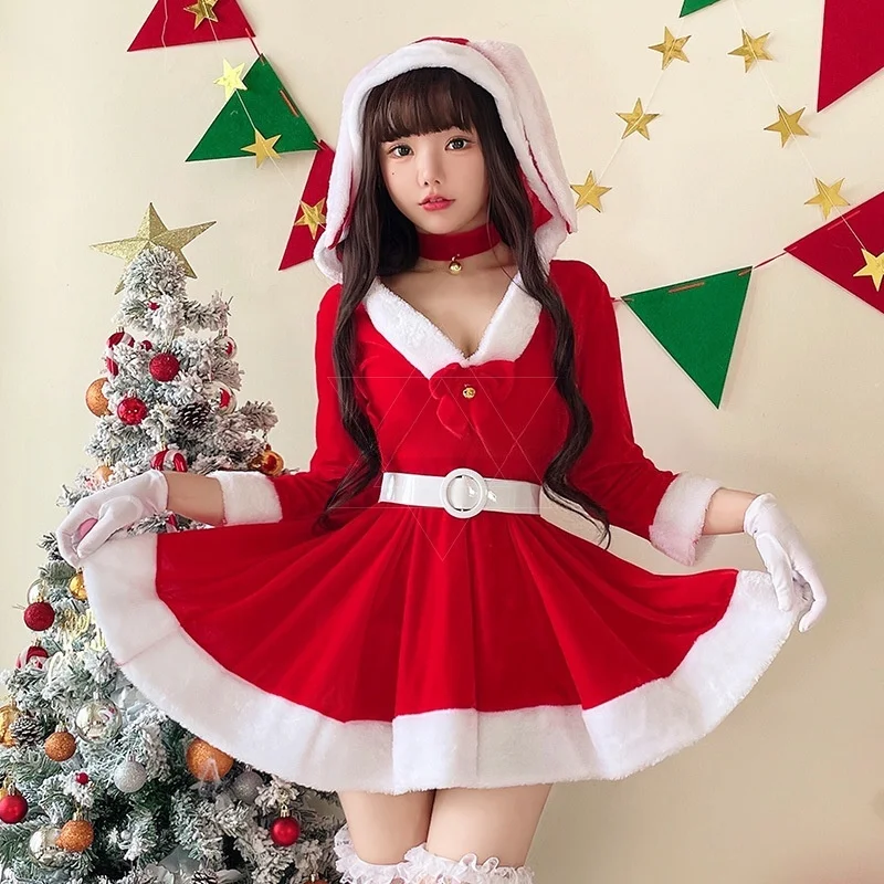 Santa Claus dresses up in Christmas clothes red cute bunny rabbit long sleeved dress