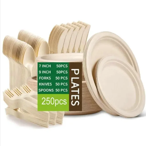 Compostable Paper Plates Set 250Pcs Disposable Party Dinnerware Set Guests Biodegradable White Natural Paper Plate Forks Knives