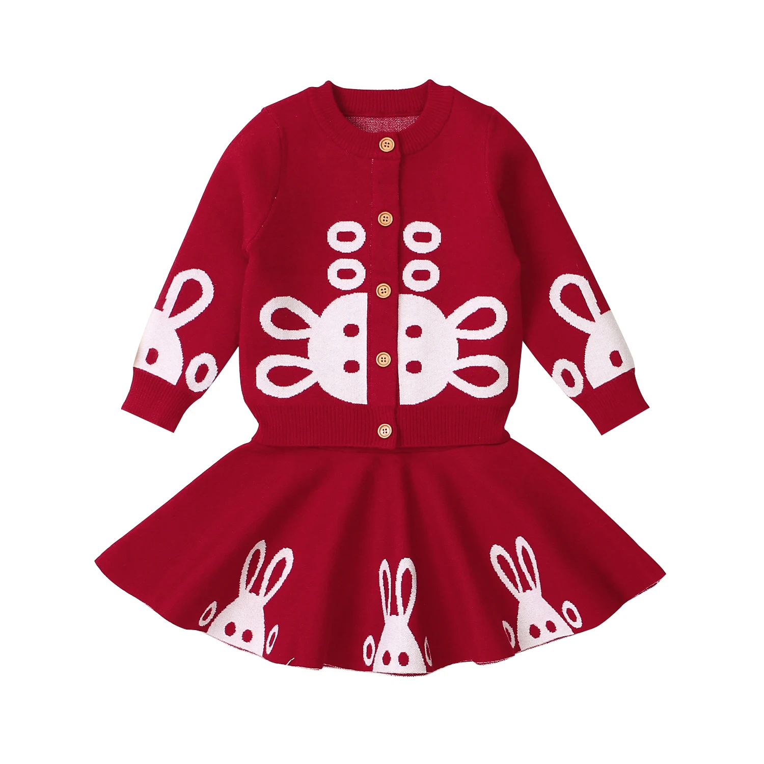 
Low MOQ OEM Kids Clothing Girls 2pc Long Sleeve Sweater Cardigan and Skirt Sets Autumn Winter Clothes with Rabbit Pattern 