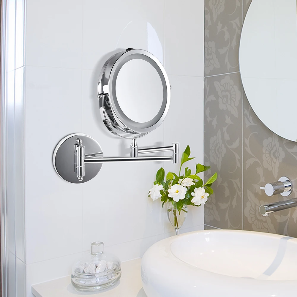 Hot Selling Classic Double Sides Magnifying Round Wall Cosmetic Shaving Mirror With Led Light For Hotel Bathroom