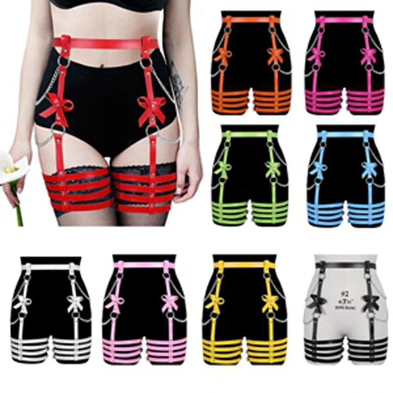 Women Leather  Lingerie Body Harness High Quality Leg Garter Belt Strap Adjustable Lingerie Belt High Garter with Chain