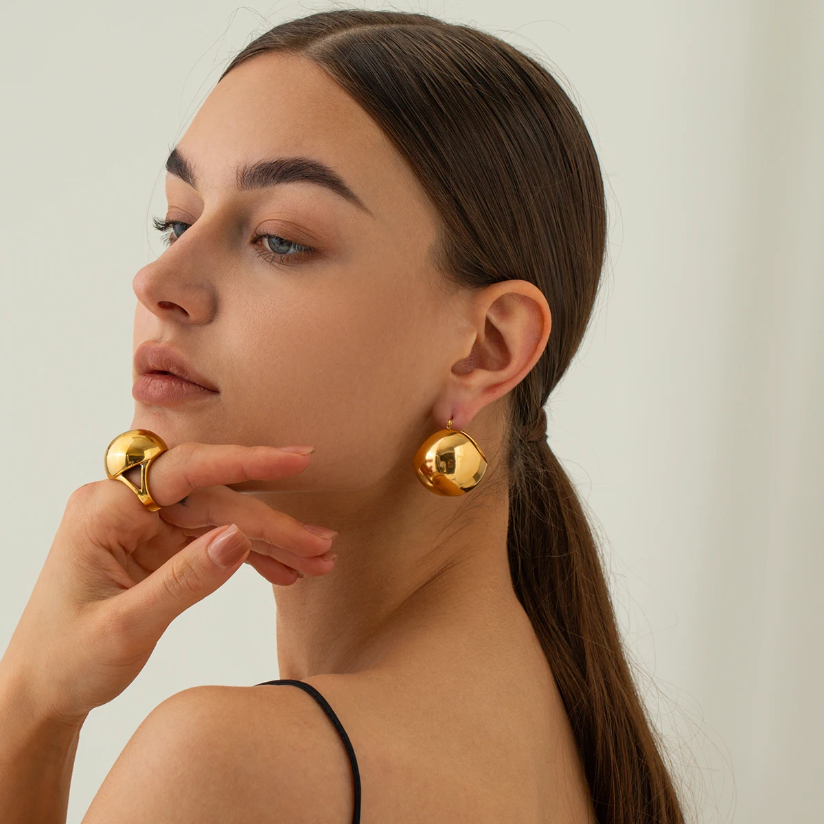 J&D  Chunky 18k PVD Gold Stainless Steel Accessory Jewelry Mirror Finish Smooth Ball Shape Earring Clean Fit
