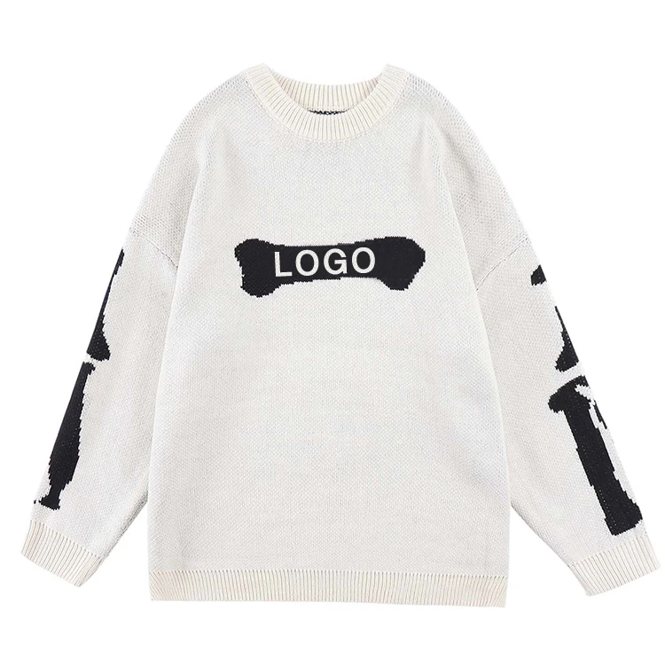 Custom Logo Brushed Mohair Wool Knitting Skull Jacquard Fuzzy Knitted Men Pullover Jackets Fuzzy Mohair Blend Sweater