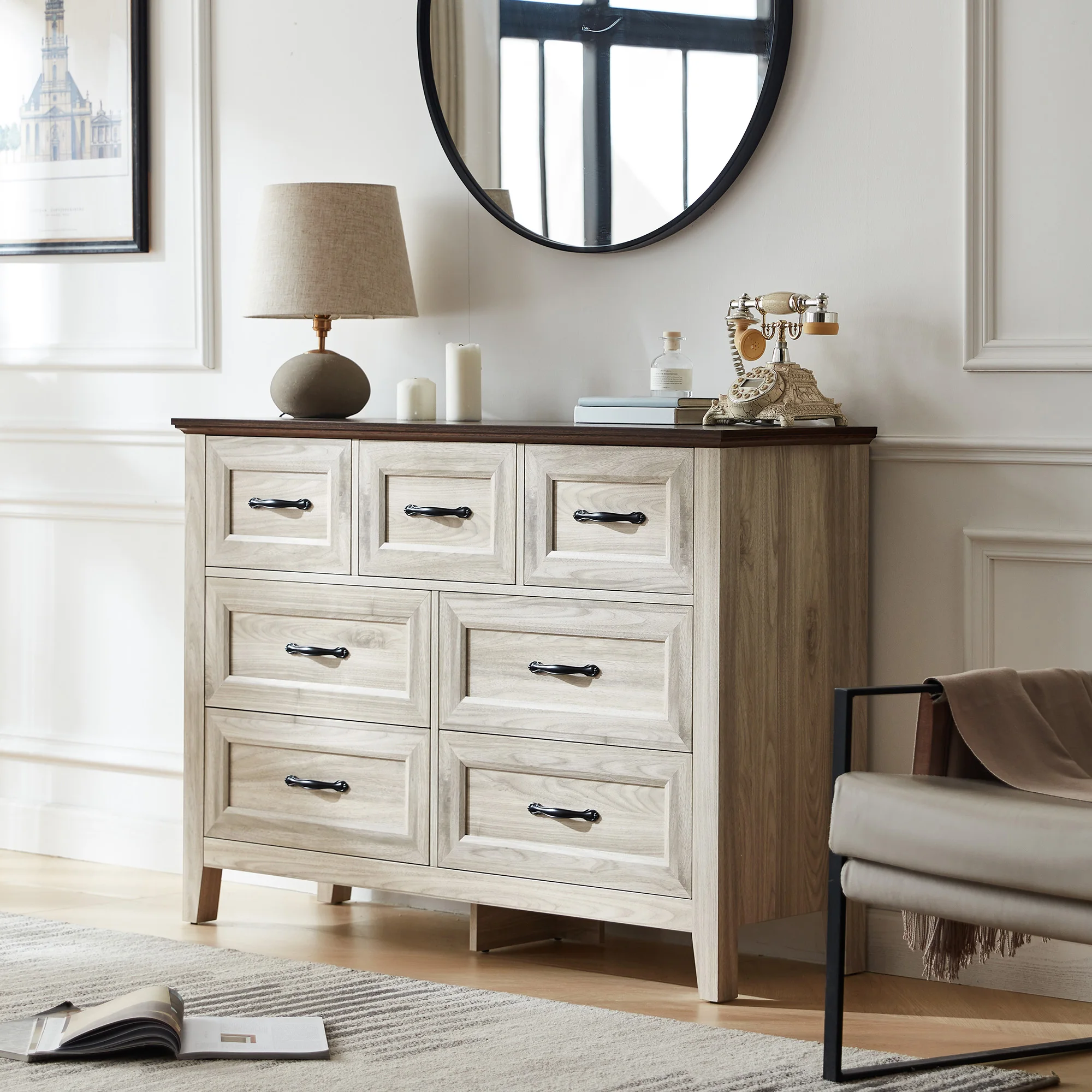 Linsy American country wooden Bucket Cabinet 7 Drawers for big discount