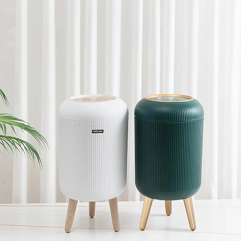 YIWU QIYE Odor resistant trash can with lid, press on plastic trash can, circular wood grain high foot garbage collection bin
