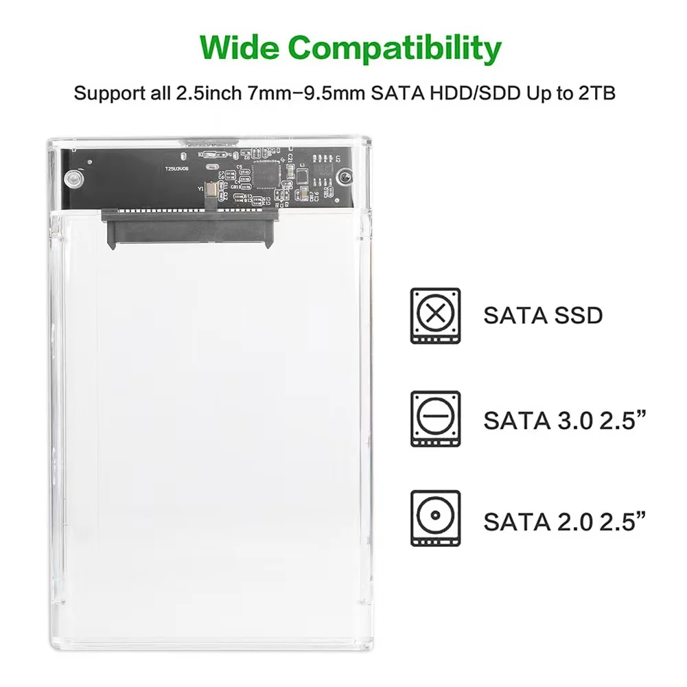 2.5 INCH USB 3.0 Push and pull sliding lid round edge transparent mobile hard drive enclosure
