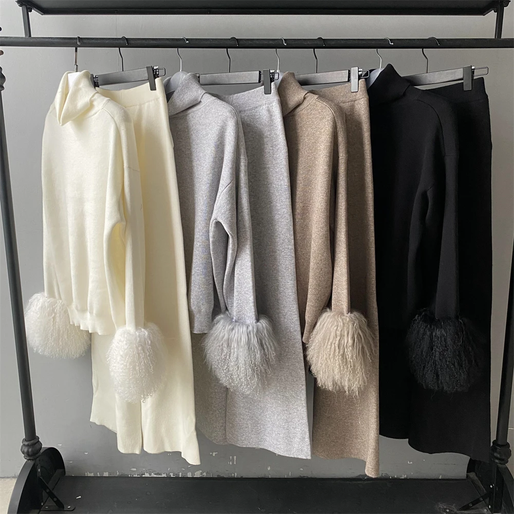 Luxury Wholesale Wool Sweater Detachable Fluffy Lamb Fur Cuffs Pants Trousers Autumn Custom Two PCS Woman Knitted Sets Clothes