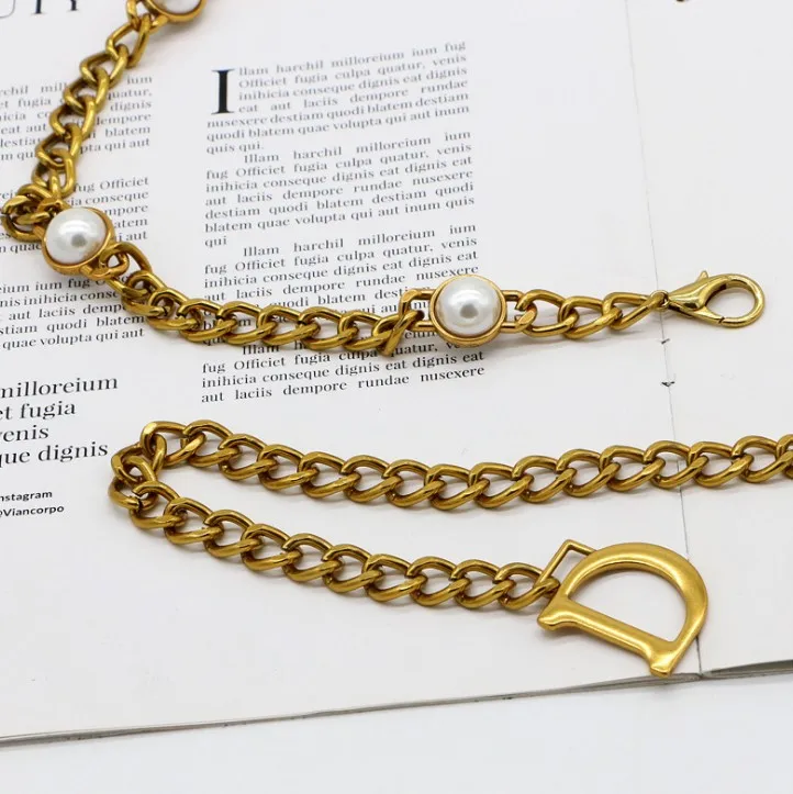 Women Metal Imitation Pearl Beads Thin Waist Chain Belt Adjustable Size Gold Waist Chain Dress Accessories