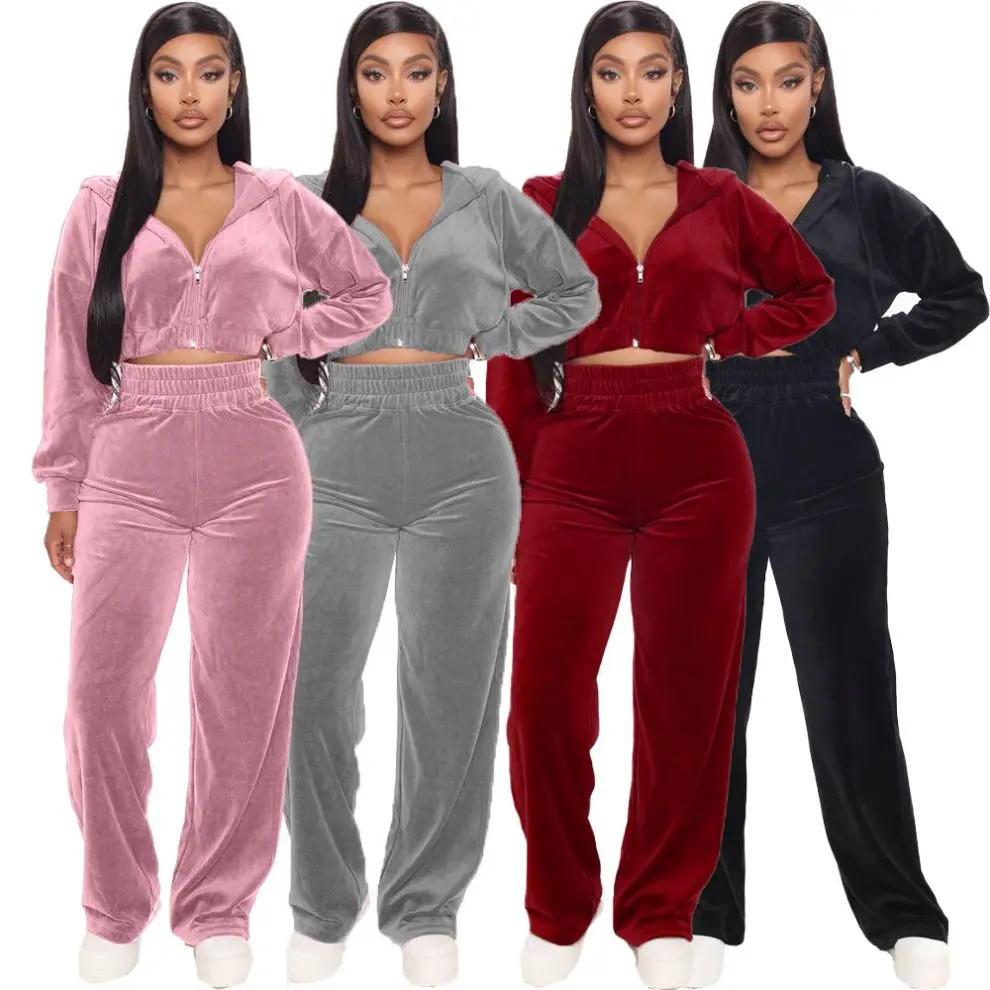 New Fashion Pullover Hoodie Wide Leg Pants Long Sleeve Outfits Flare Pants Winter velvet tracksuits for women 2 piece set