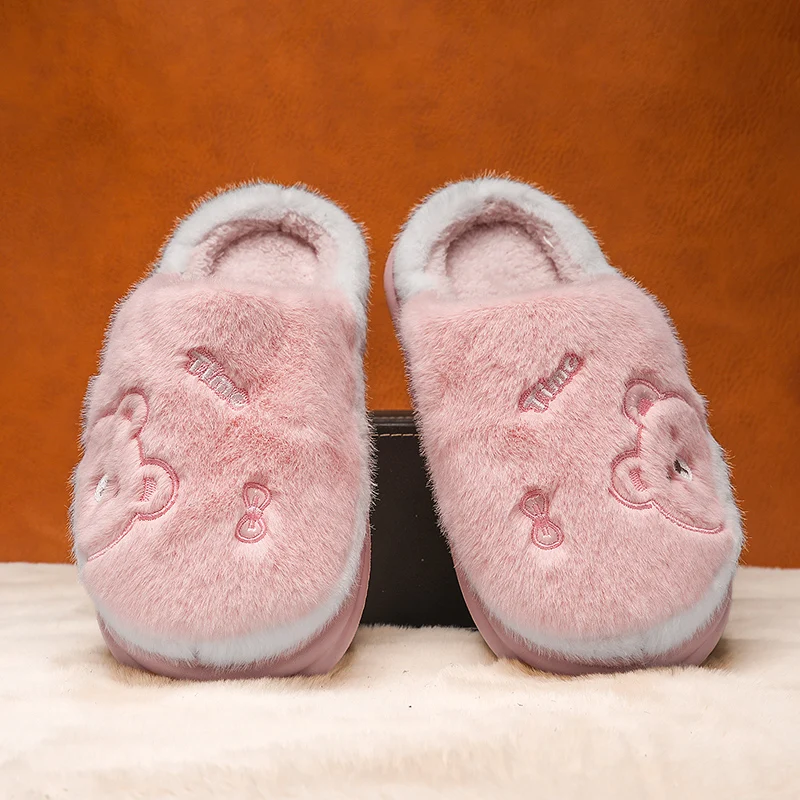 Wholesale Winter Indoor Non-slip Warm Thick Cotton Cute Cartoon Bear Plush Home Slippers For Men Boys