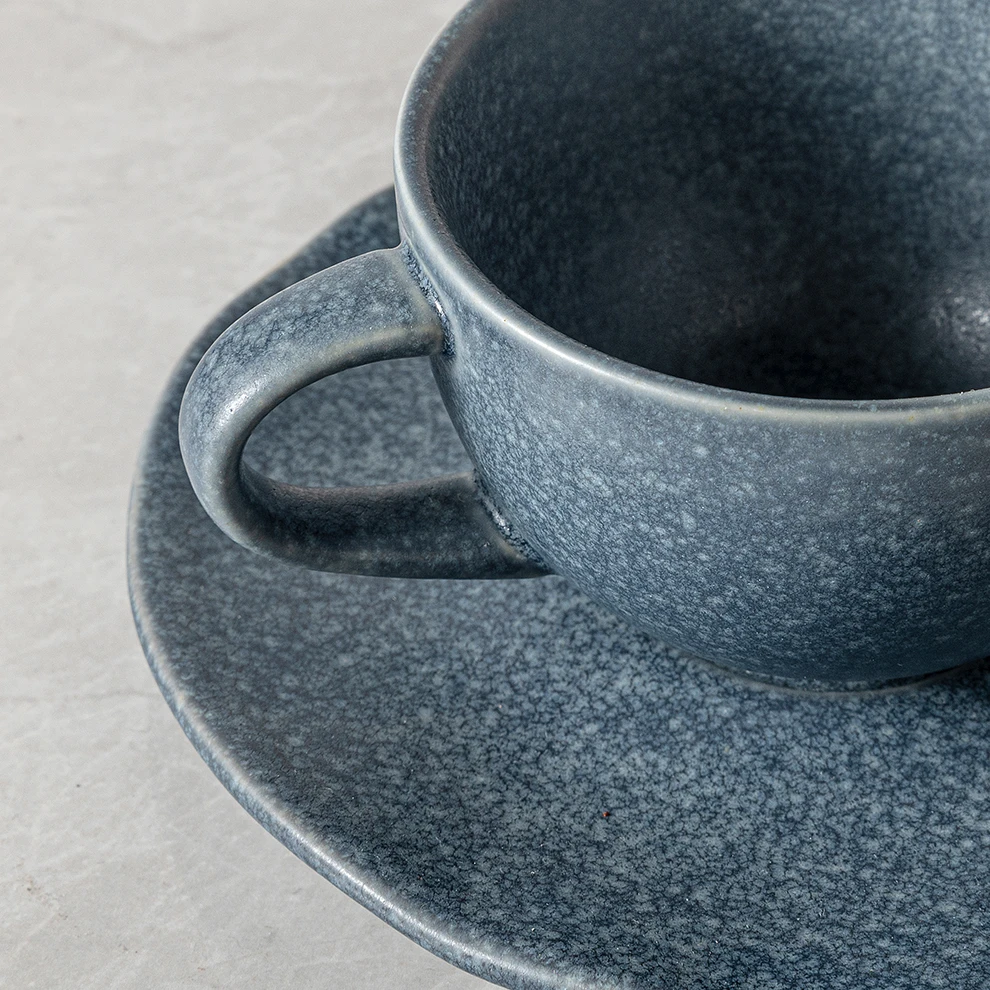 JiuJiuJu Wholesale Blue Speckled Porcelain Dots Cups Dinnerware Rustic Vajjila Coffee Mugs Pottoery Espresso Cup Set With