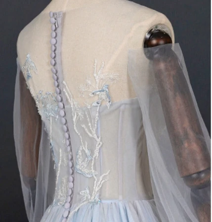 Customized light blue sweet mesh dress exquisite lace flower sequin tail banquet wedding Dress
