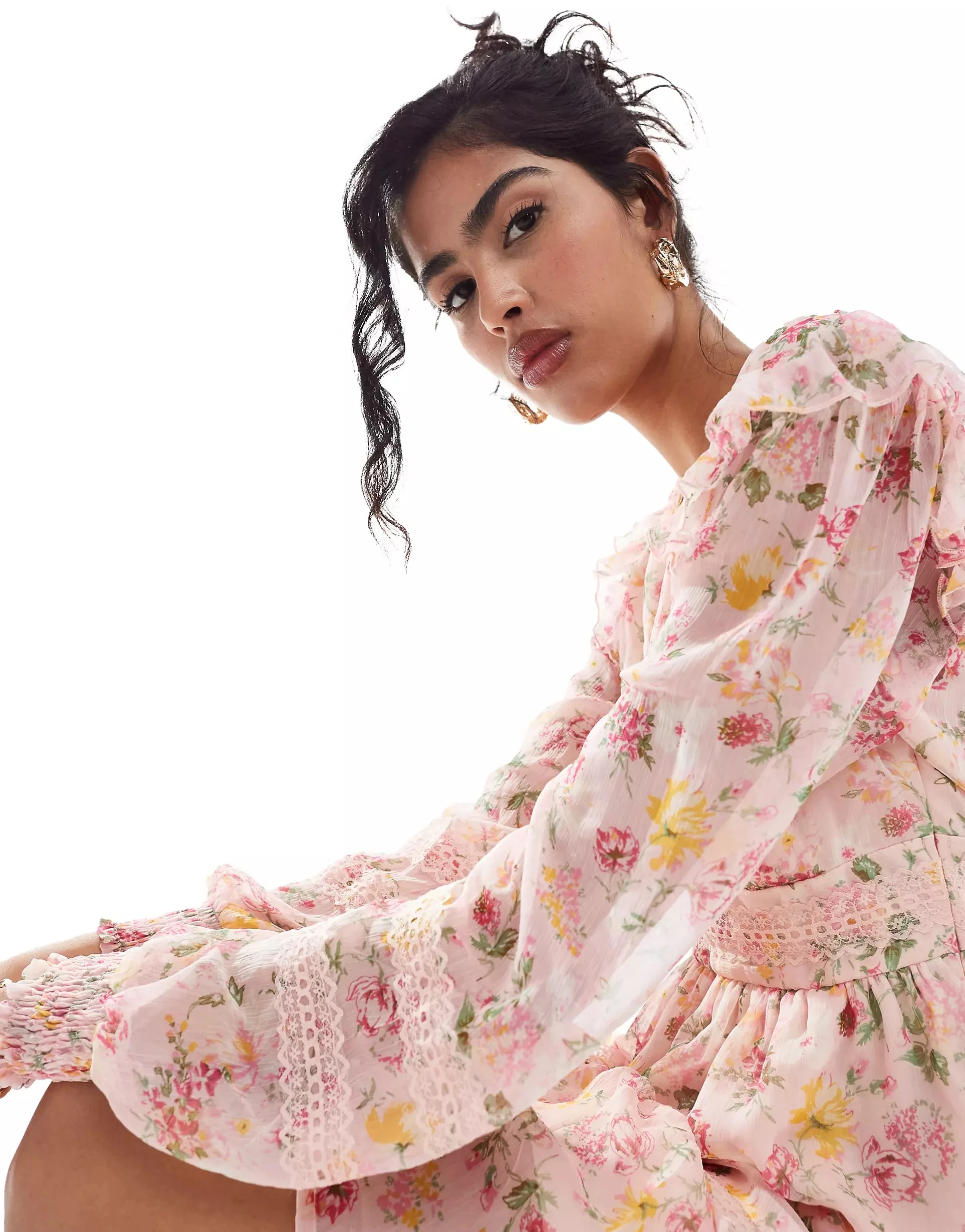 Deep V Neck Volume Sleeves Lace Insert Dusty Pink Chiffon Dresses For Women