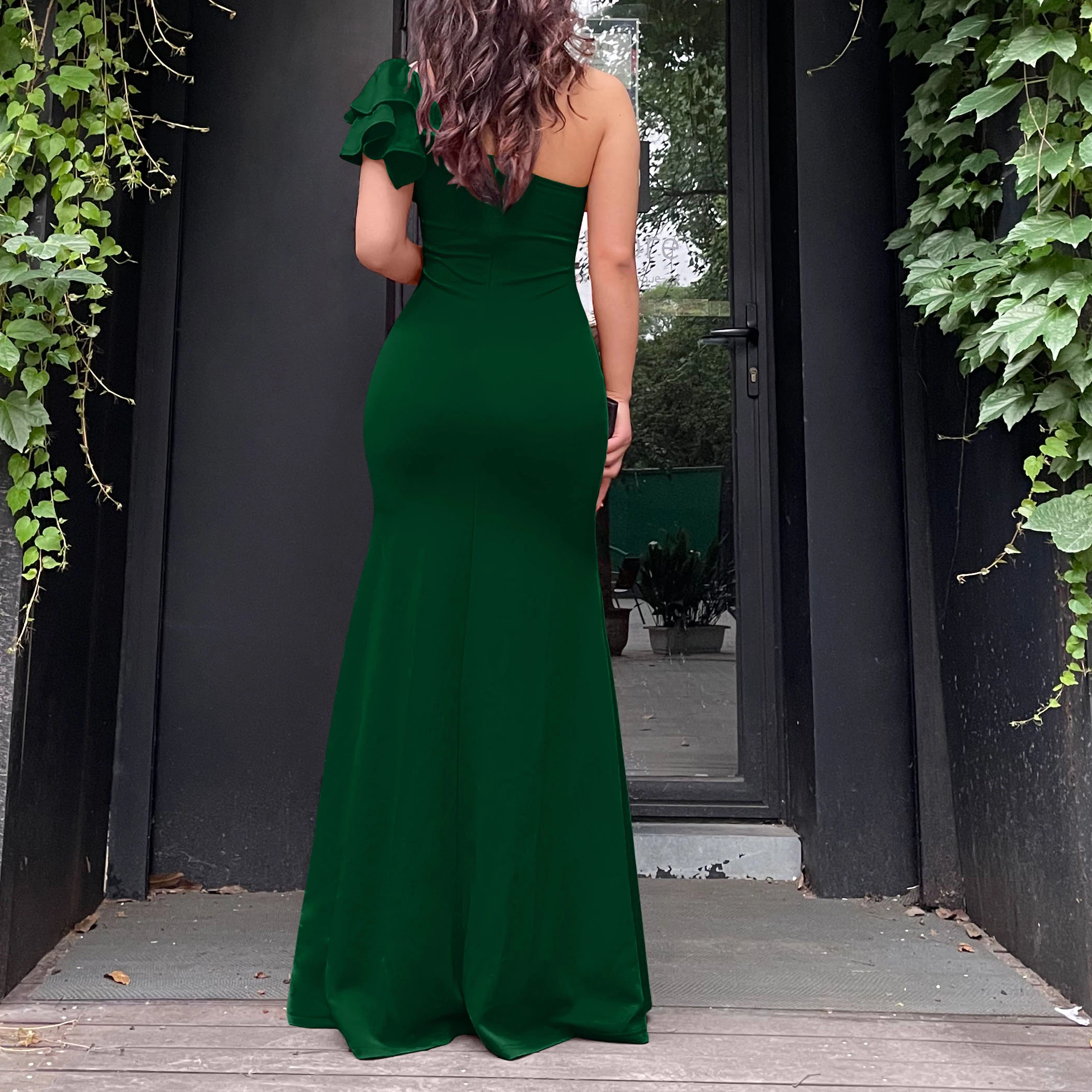 Latest design slit elegant dress one shoulder bodycon ruffles gowns chic evening dress