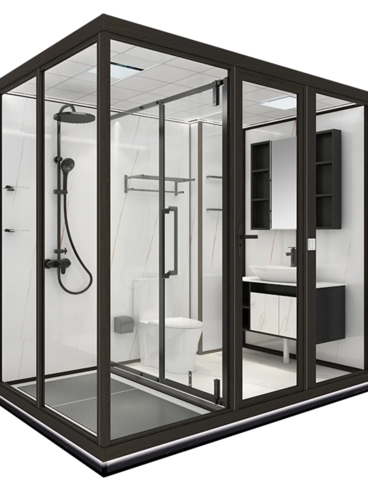 Modern Industrial Japanese Design Modular Bathroom Pod Sliding Style Acrylic Tray Shower Cabin with Aluminium Frame