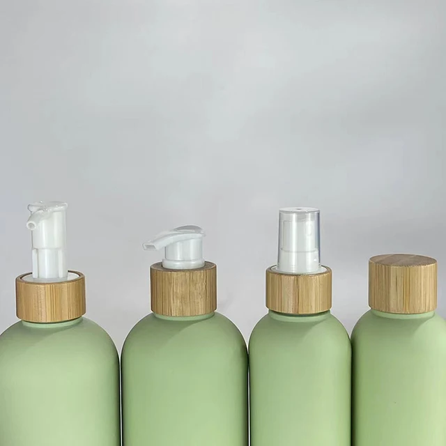 Hengjian Biodegradable Green 300ml Luxury Cosmetic Bottles 500ml Hdpe Plastic Shampoo Bottle with Bamboo Lid Hair Care Packaging