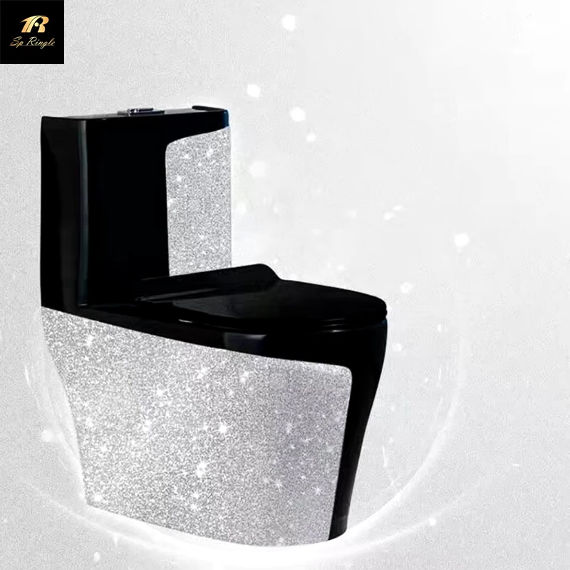  Springle large caliber outlet water saving sanitary ware shiny diamond ceramic silver black one piece flush