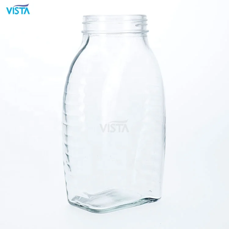 650ml Clear Transparent Queenline Honey Glass Jar Lines Embossment Flat Jar For Food Storage With 63mm Screw Lid