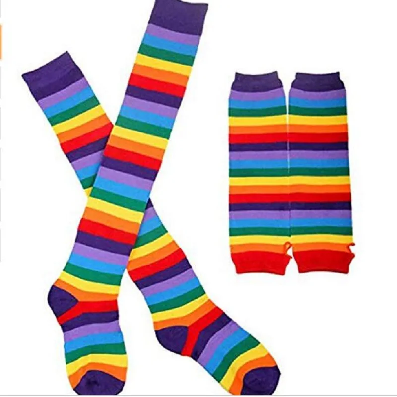 Womens 80s Neon Party Outfit Costume Rainbow Stripes Arm Warmer Long Socks Bowtie Suspenders Tutu Skirt Cosplay Set