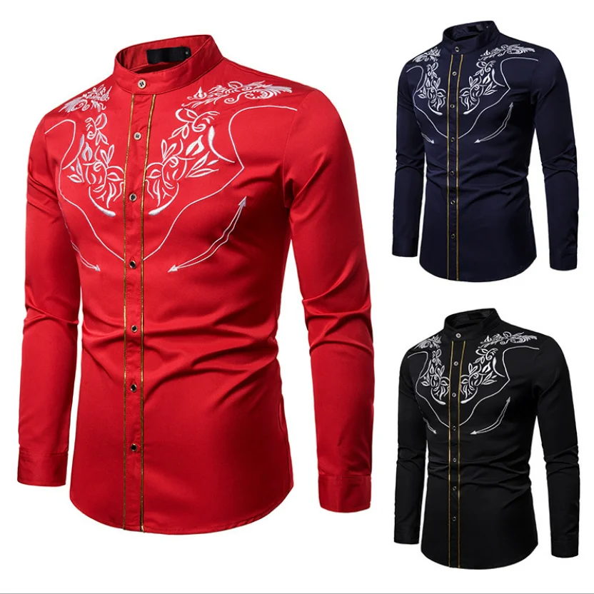 Latest Mens Mandarin Collar American Western Casual Mexican Long Sleeve Collarless Golden Piping  Embroidered Cowboy Shirts