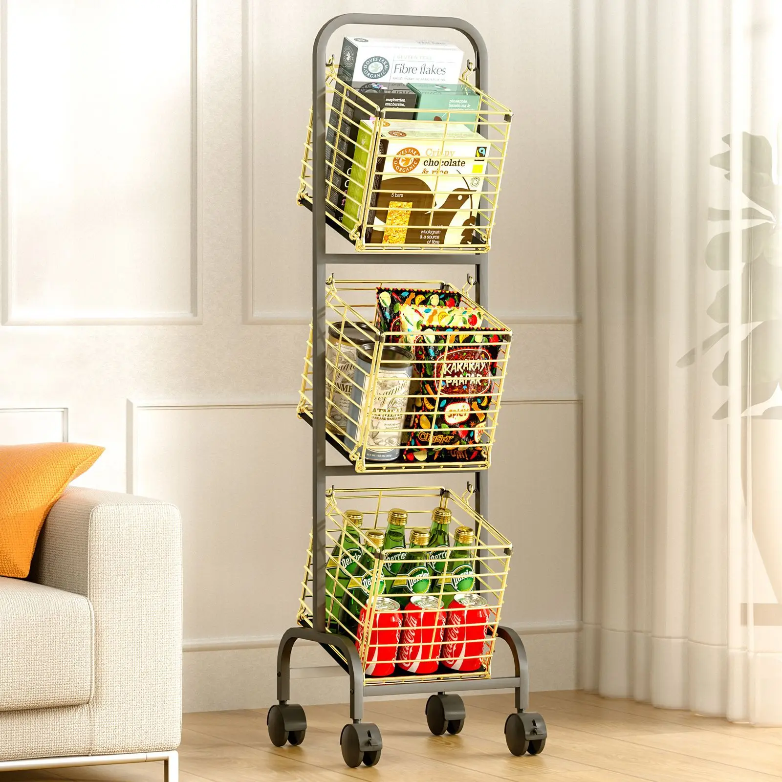 3 Tier Market Basket Storage Stand Kitchen Metal Wire Fruit and Vegetable Storage Basket Food Storage Chart with 4 Wheels