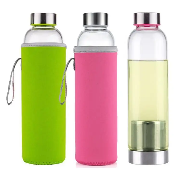 New Arrival Custom Logo Stainless Steel Lid Clear Glass Cup High Borosilicate Glass Water Bottle with sleeve