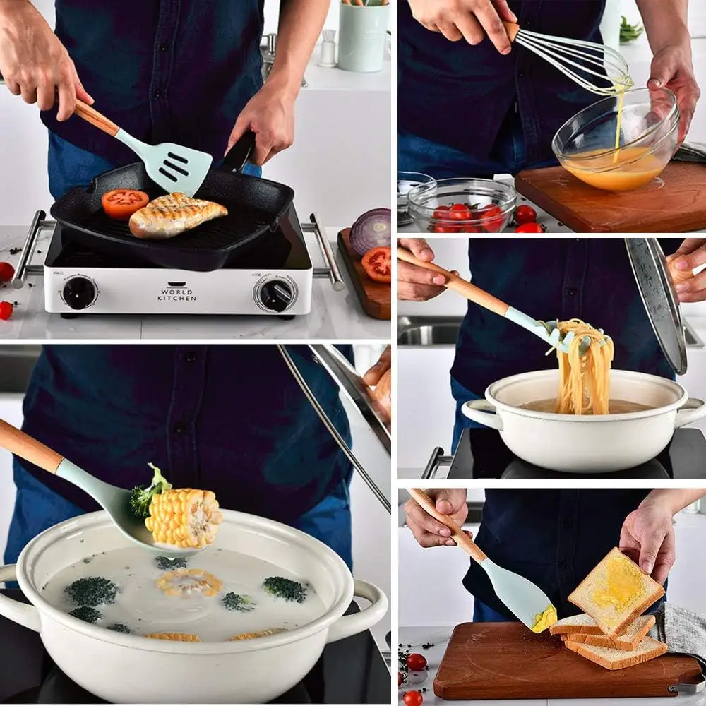 Can Kitchen silicone spatula with wood handle silicon ladle set 12pcs kitchen utensils silicone for cookware