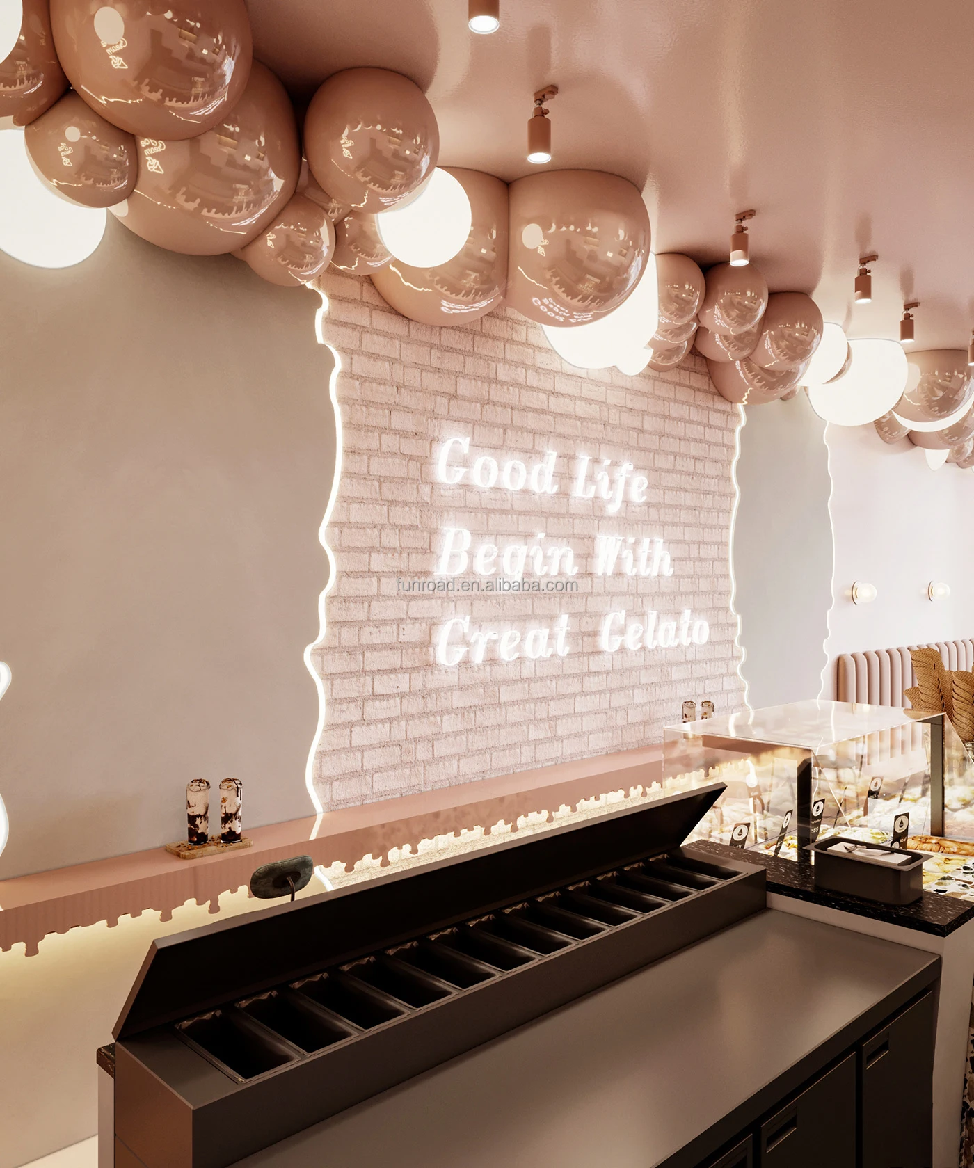 Newest Design Ice Cream Shop Decoration Customized Sweet Shop Counter Ice Cream Display Cabinet Showcase