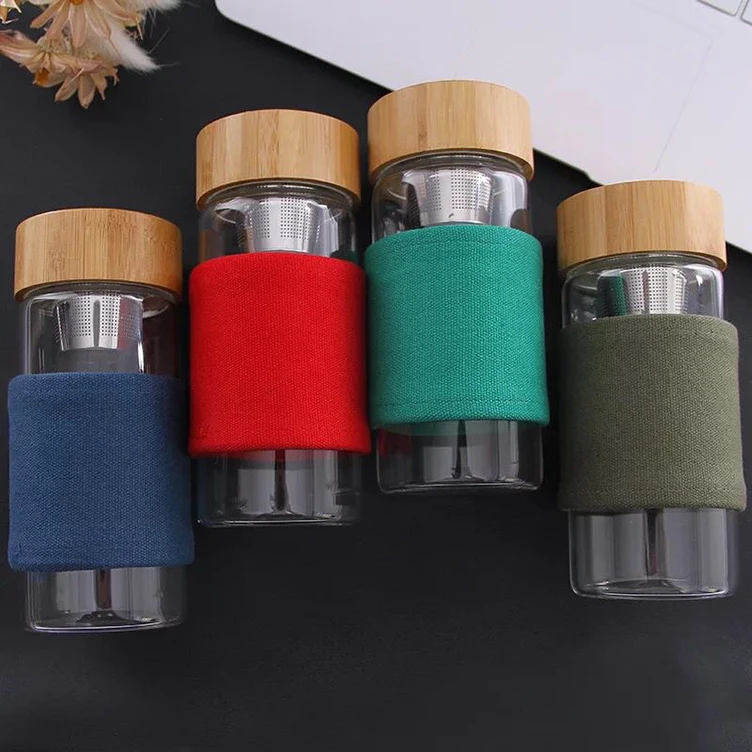 Eco Friendly  Width Mouth Glass Table Water Drink Bottle With Bamboo Lid