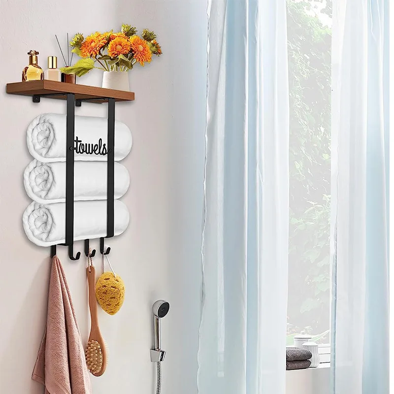 Towel Holder Bathroom Storage with Wooden Shelf and 4 Hooks Rack Wall Mounted for Rolled Towel Organizer