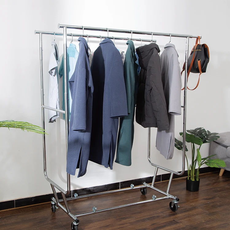 Factory Wholesale Double Rails Rolling Modern Heavy Duty Clothing Rack With Wheels Heavy Duty Clothing Garment Rack