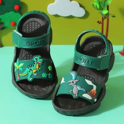 Cute Kids Shoes 2021 New Design Baby Cartoon Dinosaur  Soft Bottom Toddler Sandals PVC Green Blue Brown Slides Slippers